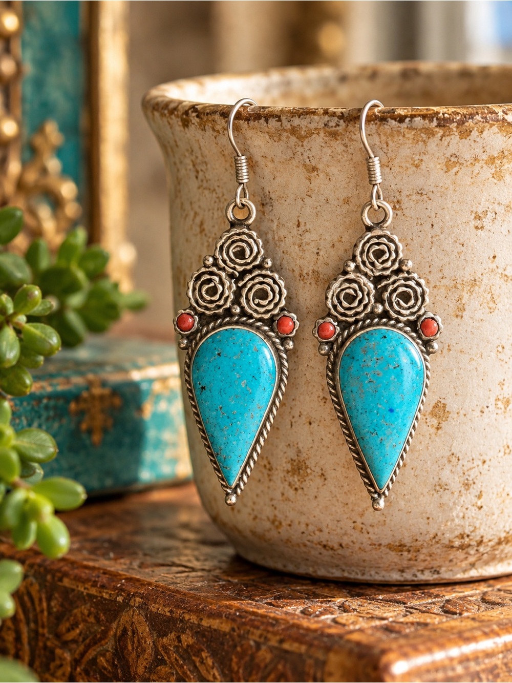 Vintage Turquoise Coral Silver Tone Artisan Boho Drop Earrings 2.5”